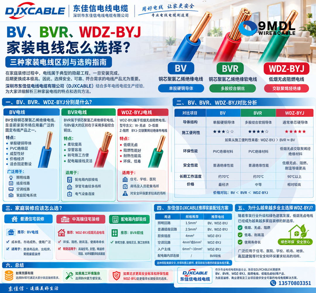BV电线,BVR电线,WDZ-BYJ电线,家装电线怎么选择